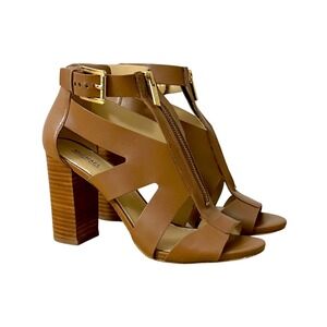 Michael Kors Women Tan Leather Block Heel Gladiator Sandals Gold Zip Buckle 8
